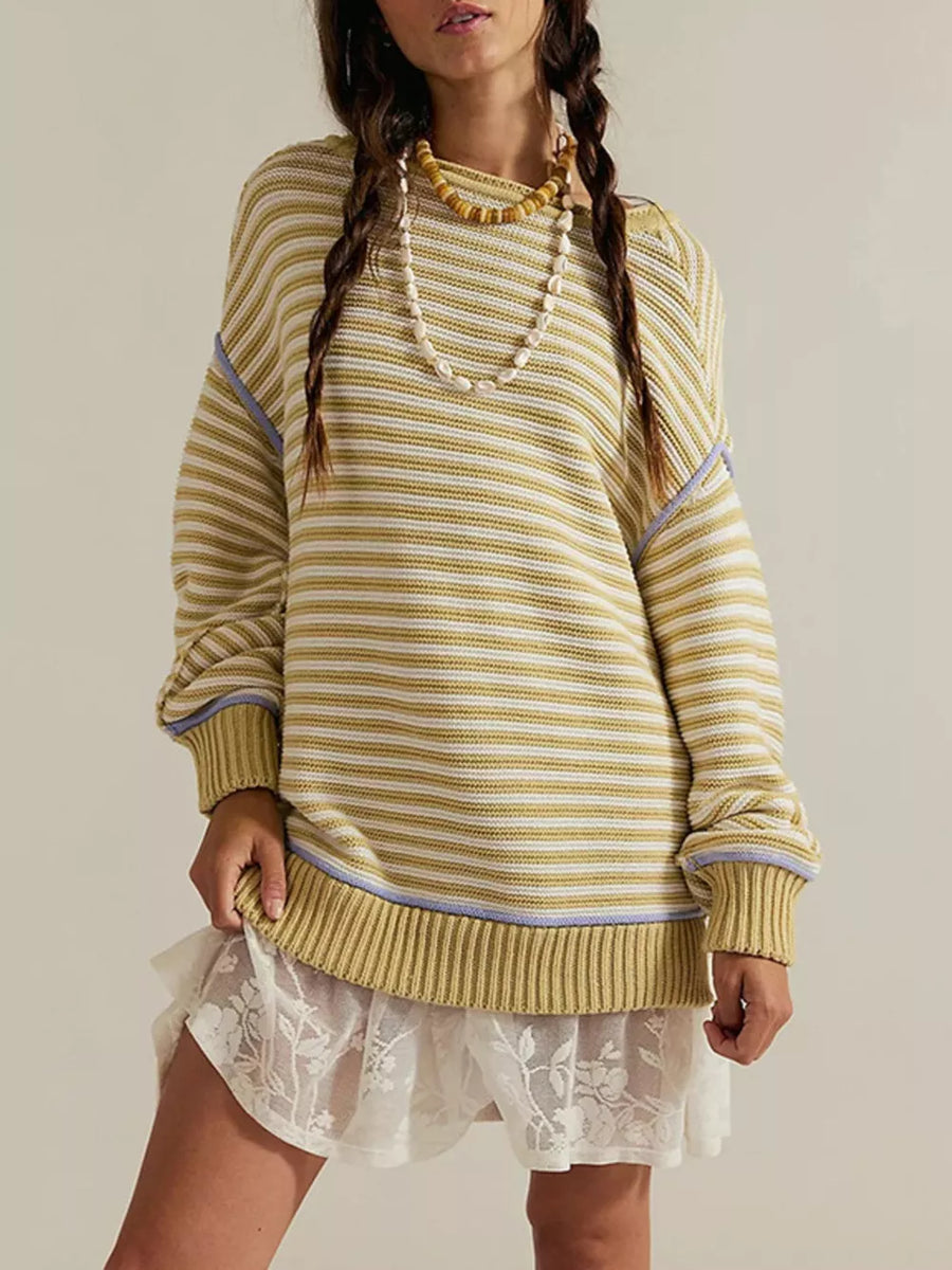 pale yellow pullover sweater with striped and crew neck