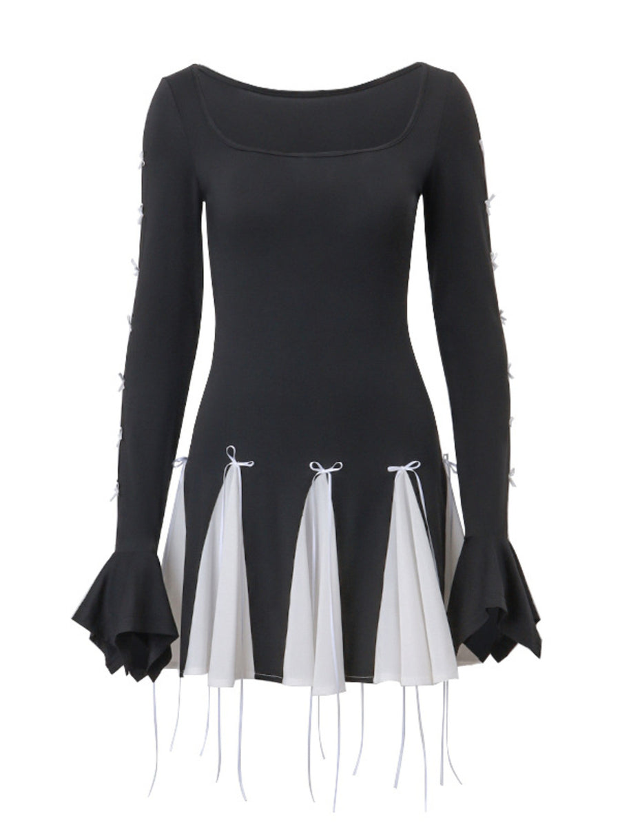 Black mini dress with square neck, long bell sleeves, and a pleated contrast skirt with bowknot details.