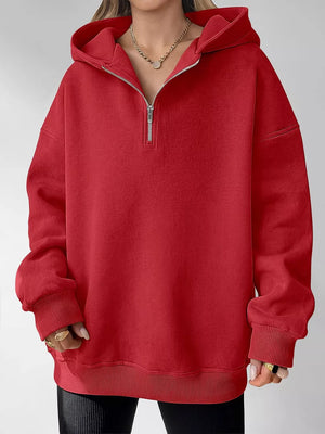 zip hoodie in red featuring hooded and oversized fit