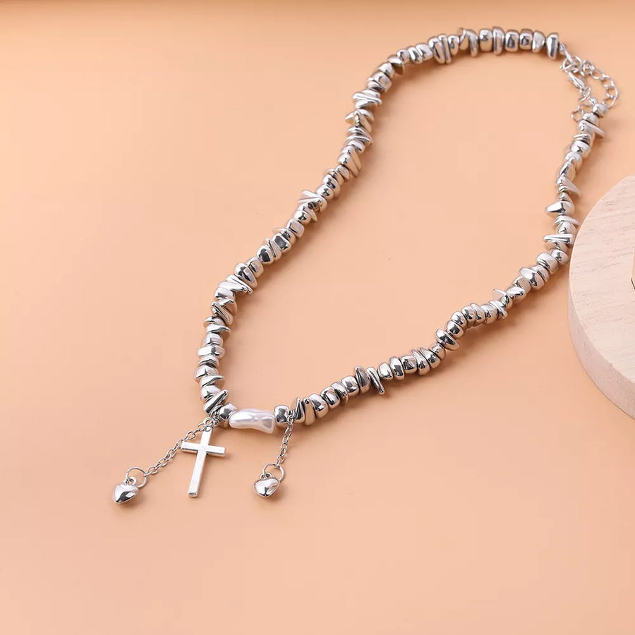 Chunky Chain Cross Pendant Necklace in white with chunky chain