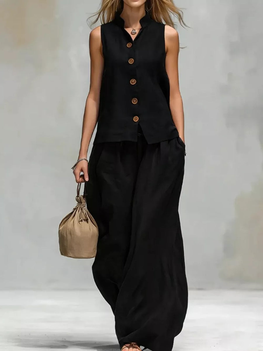 camel two-piece set with pocketed and sleeveless