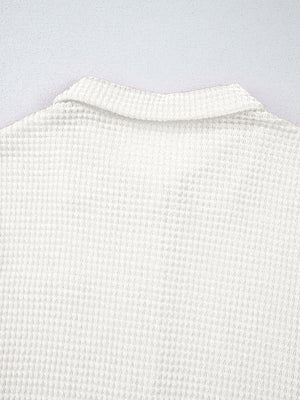White waffle knit button-up shirt with collar detail