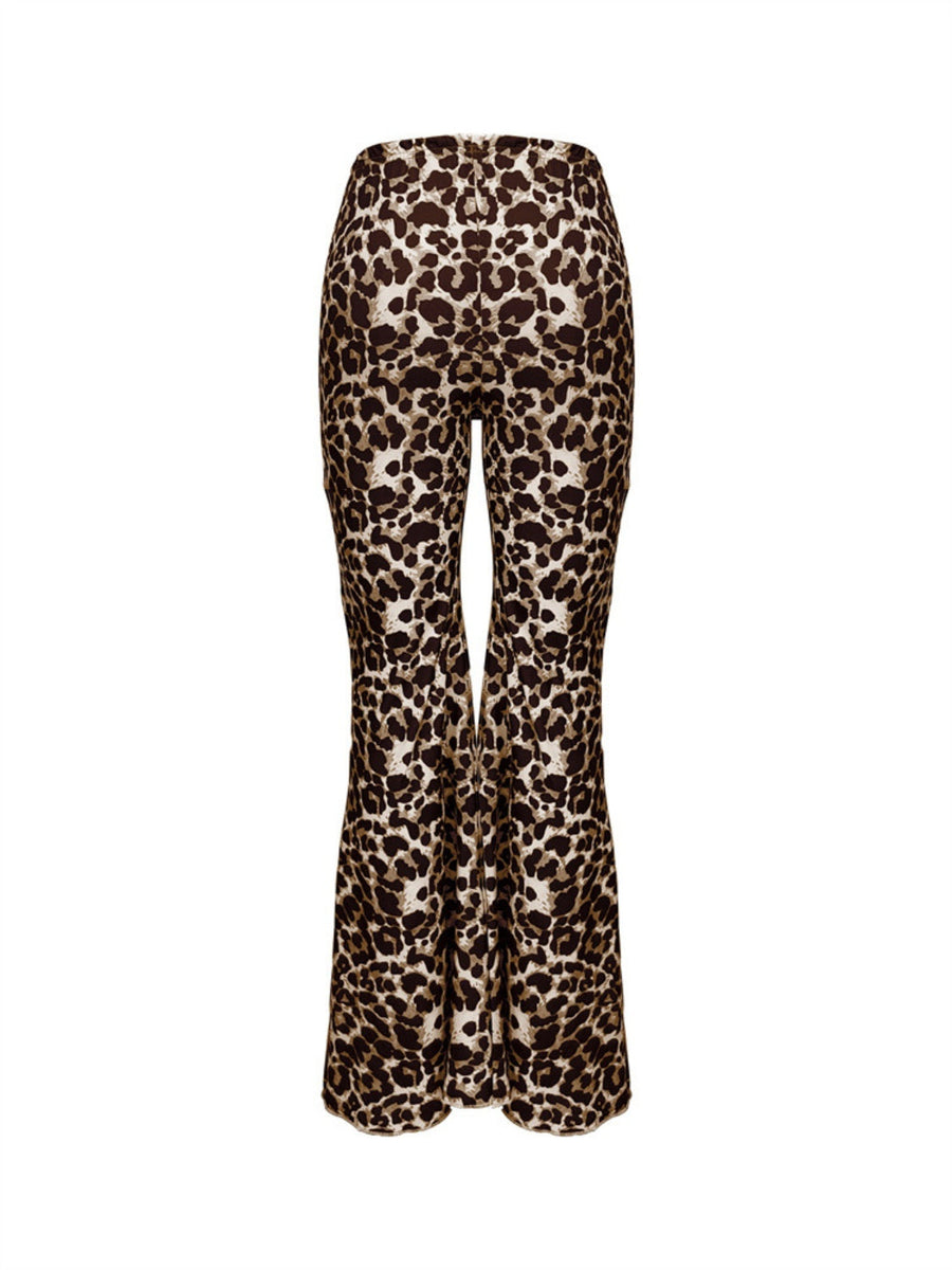 Leopard print bell bottom pants with a high waist and flared leg.