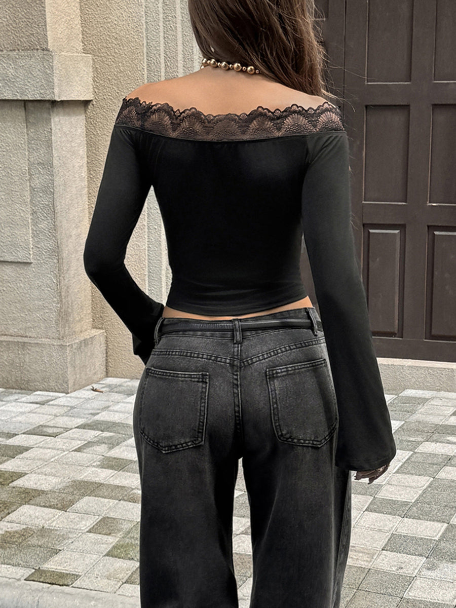 black off-shoulder top with stretch and long sleeve