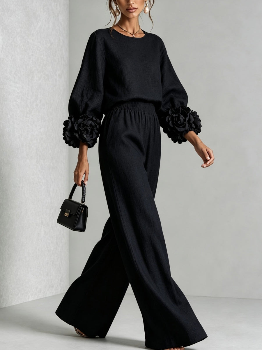 White two-piece set with hip-length (top), full-length (pants) and pullover (top), elastic (pants)