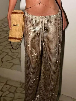 Glamorous wide-leg trousers with drawstring waist and all-over sparkle detail.