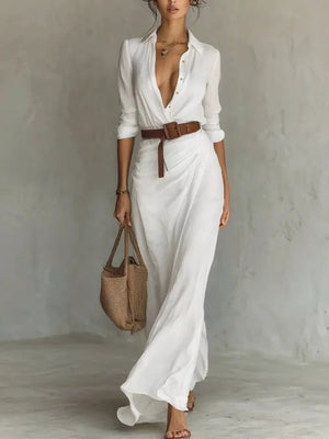 Elegant V-neck Ruched Maxi Dress With Belt in White