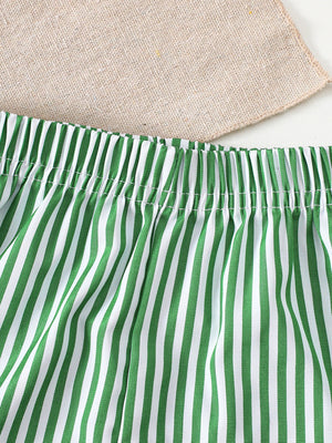 Light green and white striped baby shorts with elastic waistband