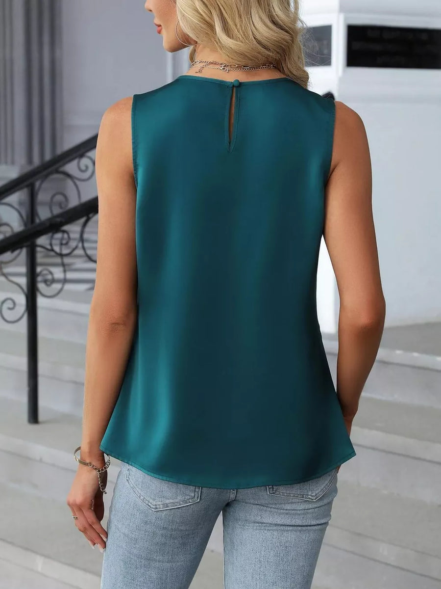 Teal pleated round neck sleeveless tank top with keyhole back detail.