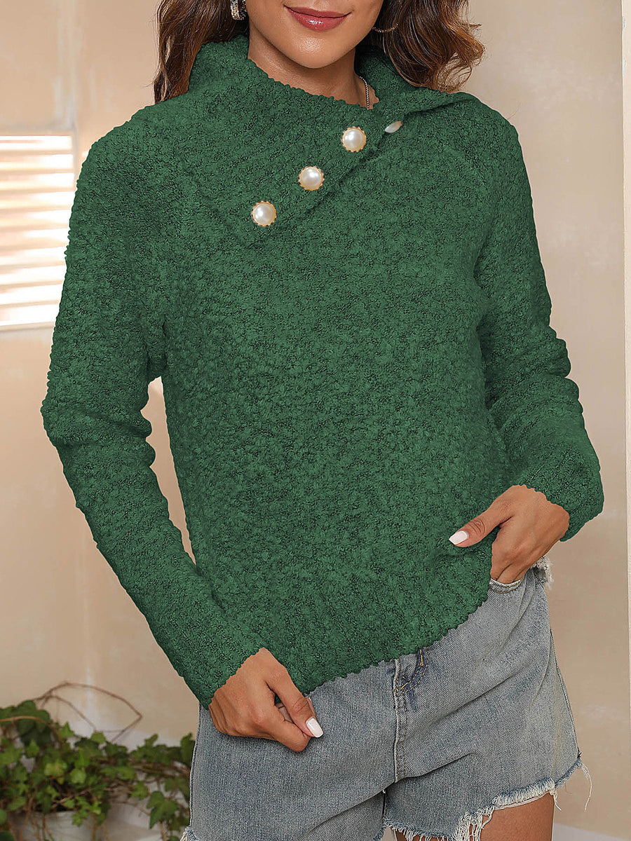 Dark green textured knit sweater with asymmetric pearl button collar and lettuce hem.