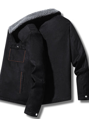 Black utility jacket with hip-length and zip-front