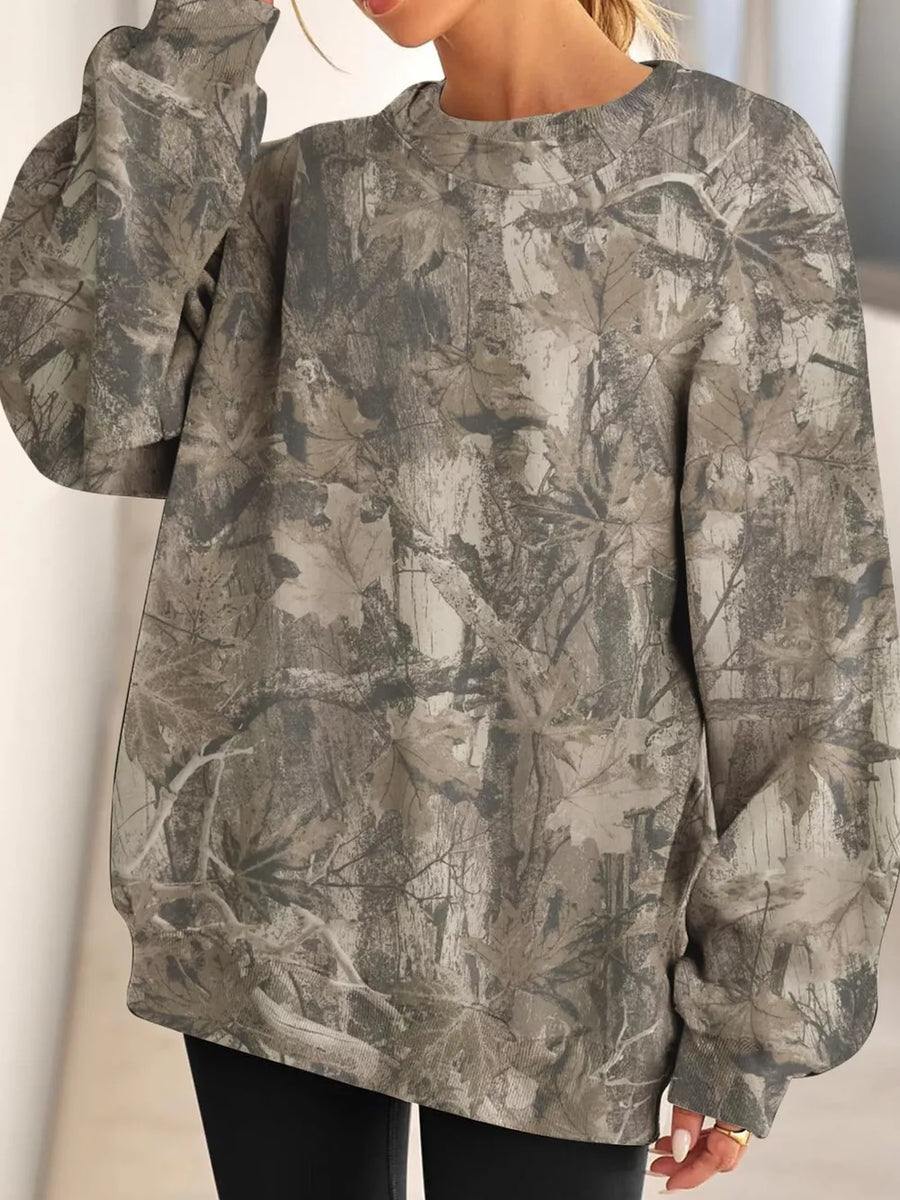 sweatshirt in Light Military Green with leaf-print and basic style
