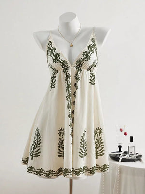 ivory mini dress with botanical-print and v-neck