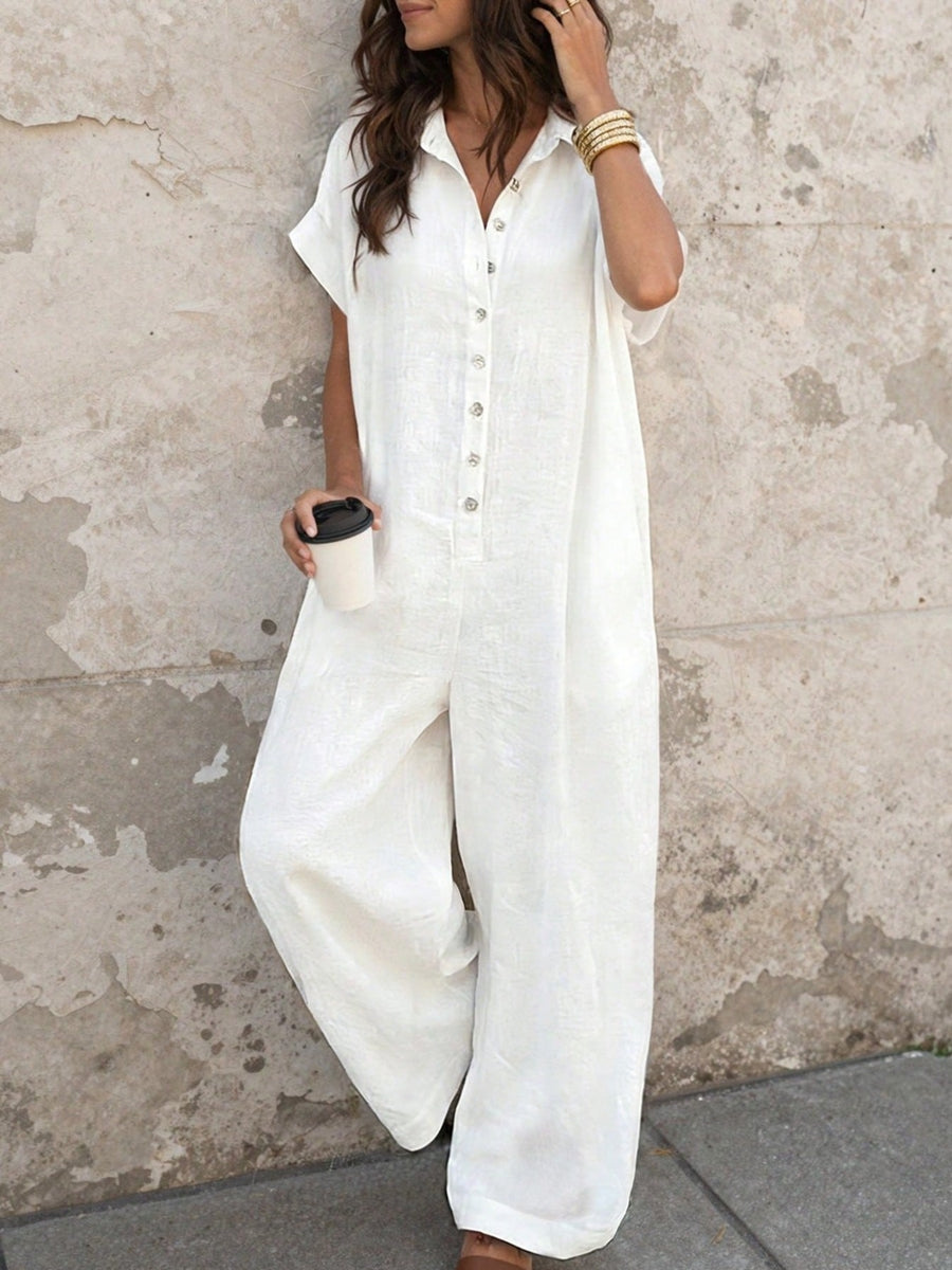 jumpsuit in ivory featuring collared and relaxed fit
