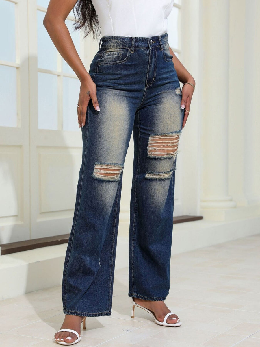 95%cotton,5%spandex Care instructions: Machine wash cold wide-leg jeans in Navy Blue with loose silhouette