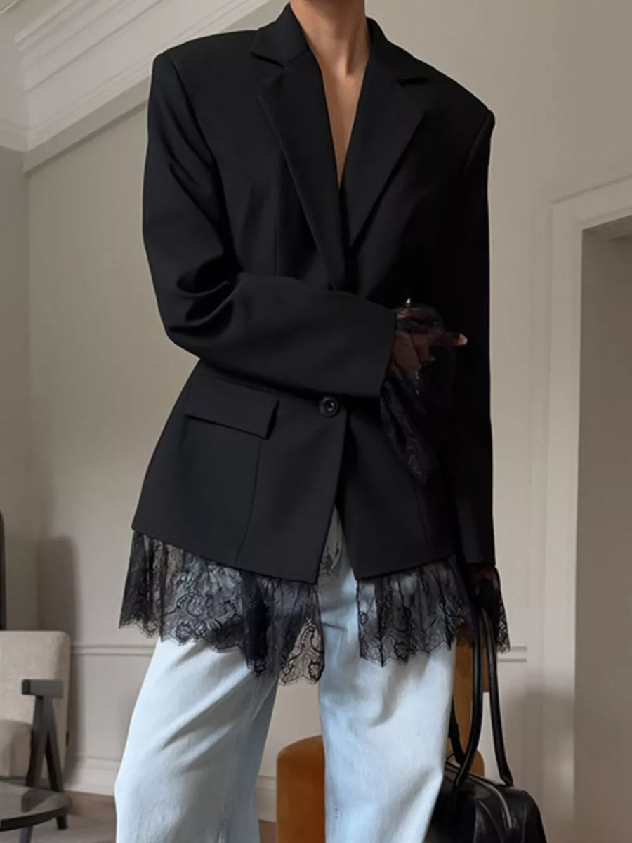 black blazer with lace detail and long sleeve