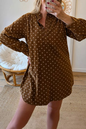 brown shift dress with polka dot and v-neck