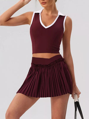 Sleeveless Top And Pleated Skirt Active Set in Dark Navy with pleated
