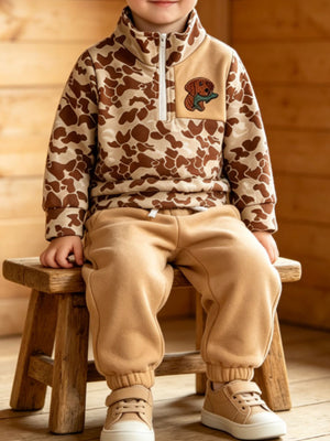 brown two-piece set featuring drawstring and camo