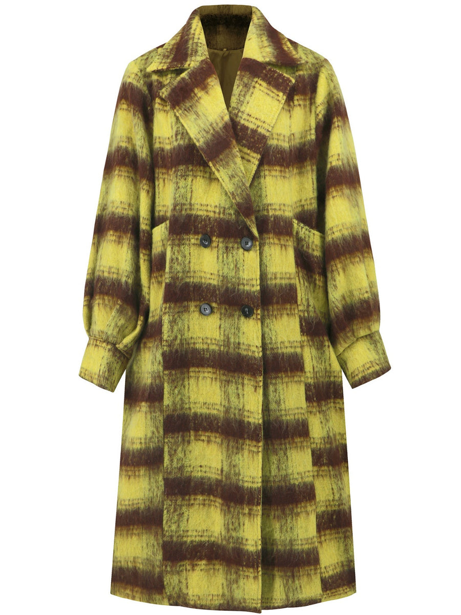 Checked plaid oversized cocoon coat in lime with double-breasted closure and wide lapels.