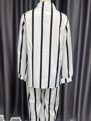 Striped Button-Down Shirt And Wide-Leg Pants Set in Emerald Green with buttoned