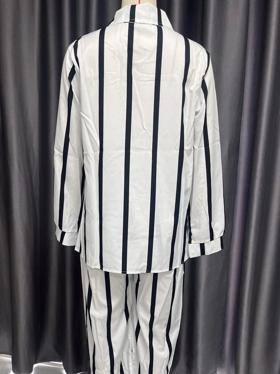 Striped Button-Down Shirt And Wide-Leg Pants Set in Emerald Green with buttoned
