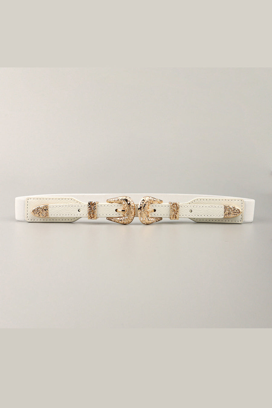 White elastic belt with double western buckle and gold alloy details