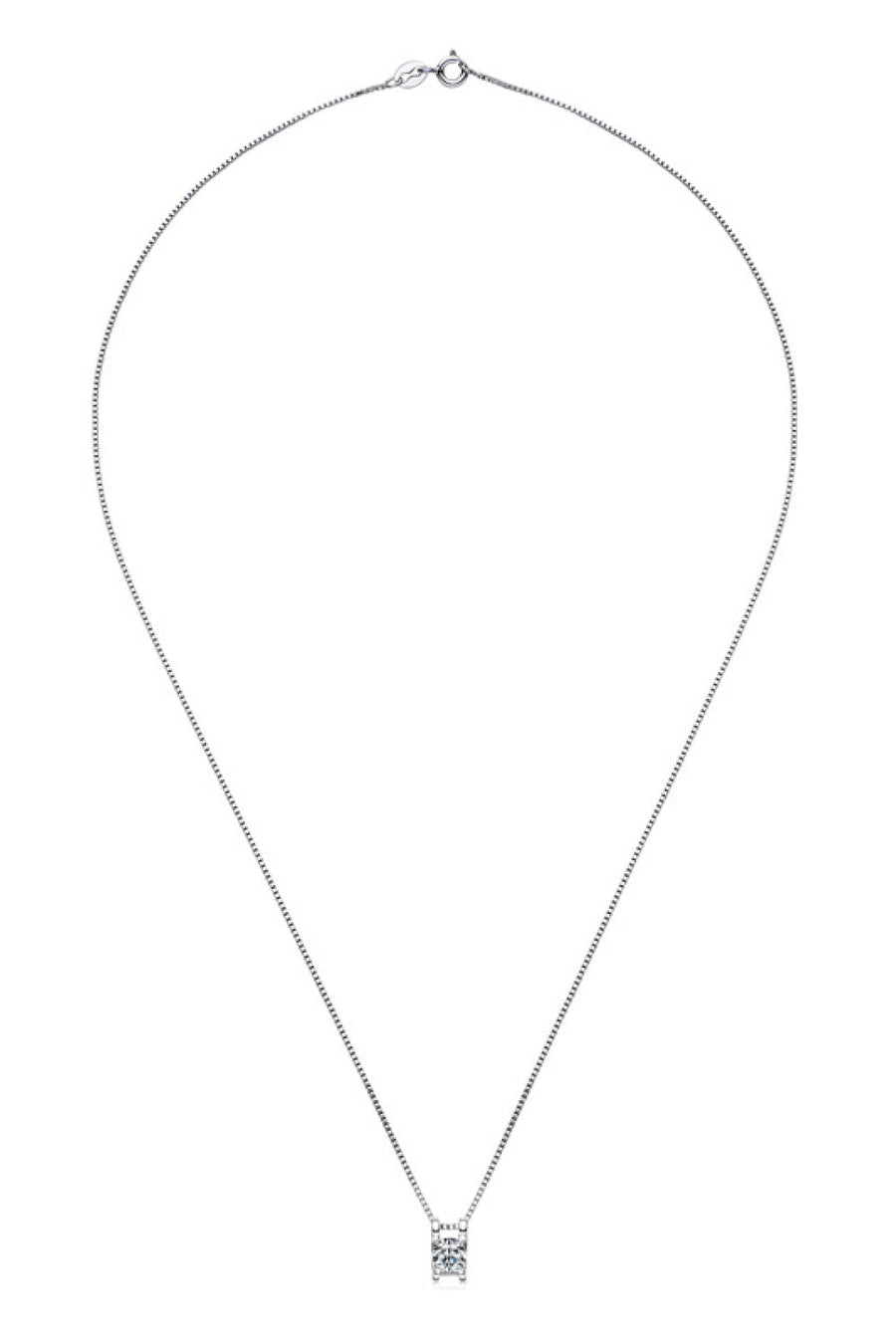 Silver chain necklace with a cubic zirconia prismatic cube pendant.