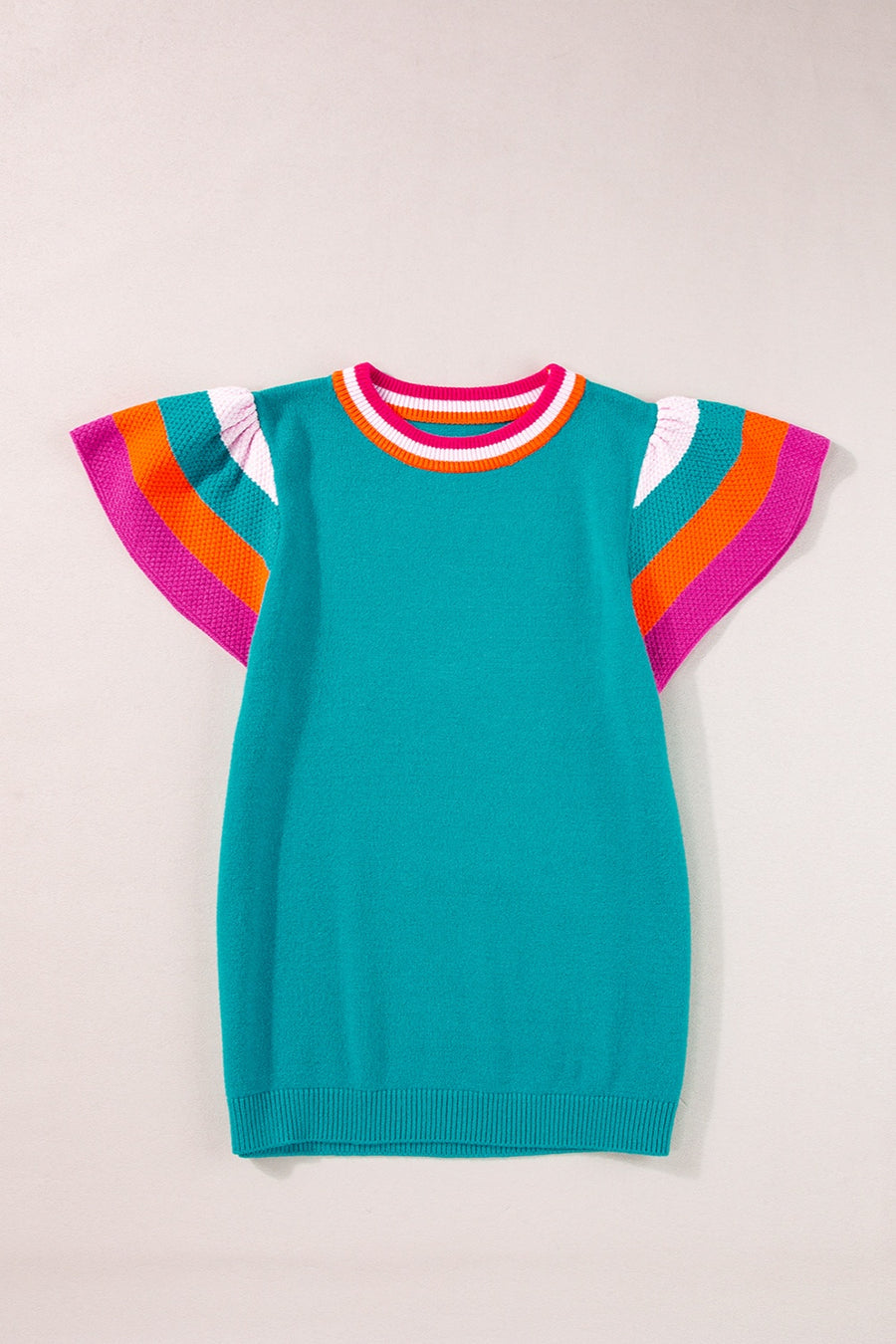 Teal knit blouse with flutter sleeves and colorblock trim on neckline and sleeves.