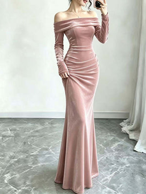 Black fitted formal gown with off-shoulder