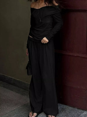 Black wide-leg off-shoulder top and wide-leg pants set with off-shoulder