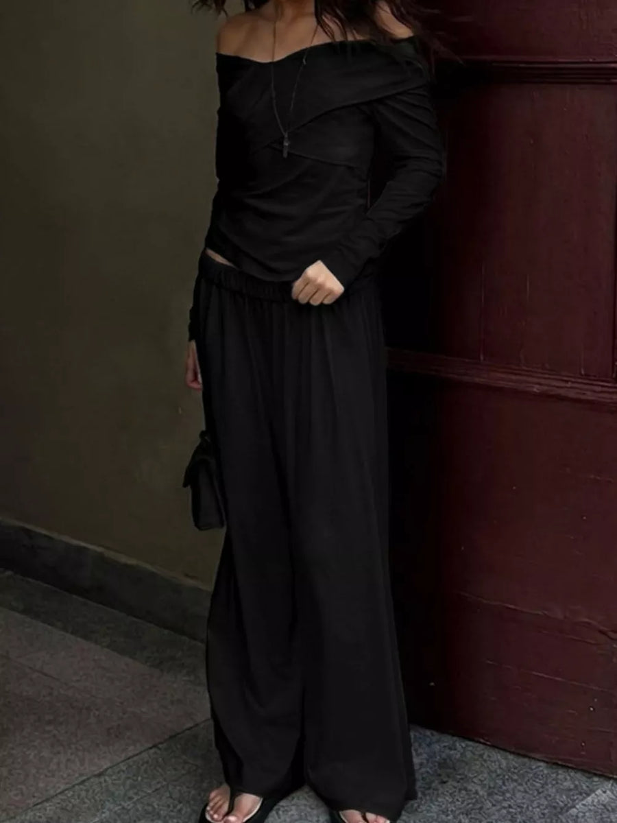 Black wide-leg off-shoulder top and wide-leg pants set with off-shoulder