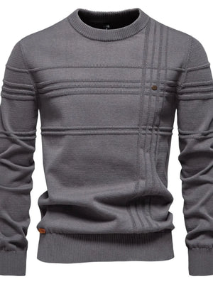 Gray crewneck sweater with textured horizontal and vertical panel details and a button accent.