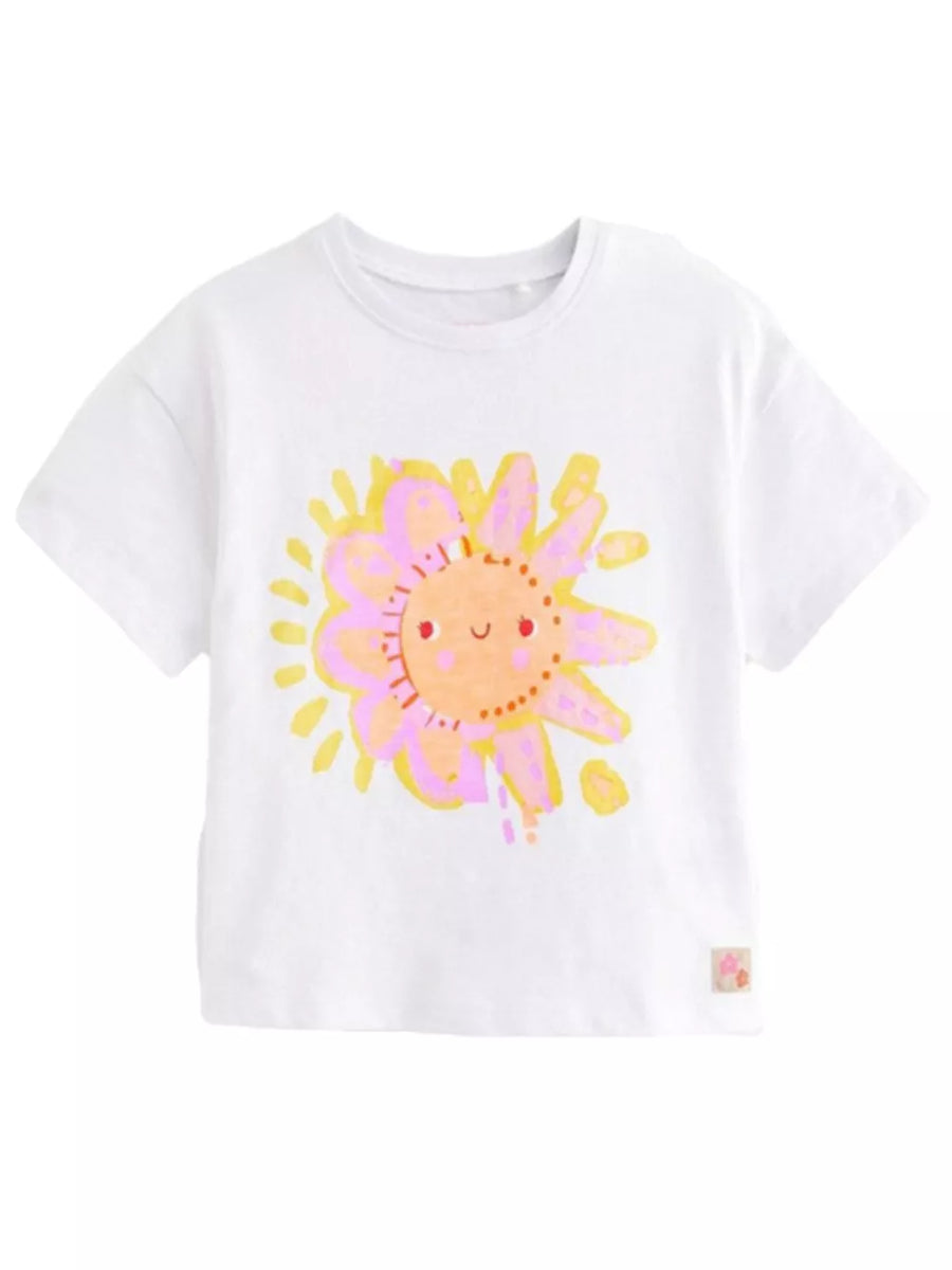 White cotton t-shirt with playful cartoon sun graphic, short sleeves, and crew neck.
