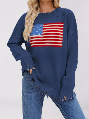 navy blue pullover sweater with American Flag graphic and crew neck