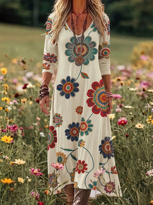 cream maxi dress with floral and v-neck