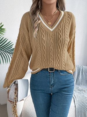 Khaki v-neck sweater with contrast stitching and long sleeve