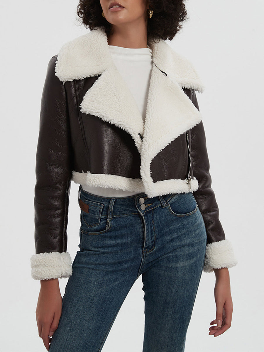 Brown cropped aviator jacket with white shearling trim and collar