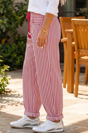 wide-leg pants featuring striped in crimson red with 100% cotton Care instructions: Machine wash cold texture