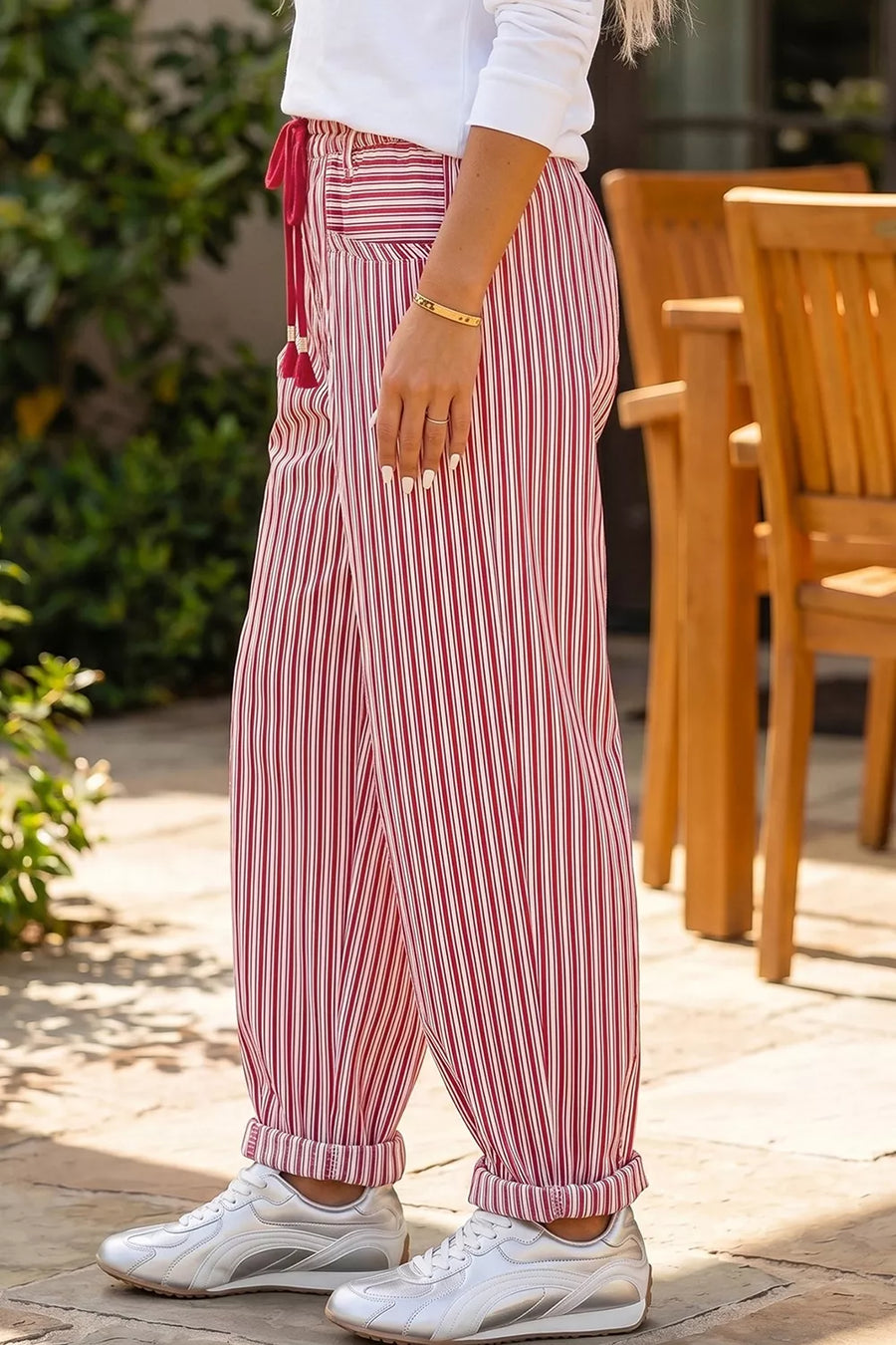wide-leg pants featuring striped in crimson red with 100% cotton Care instructions: Machine wash cold texture