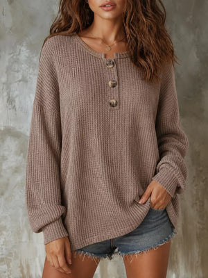 taupe henley with waffle knit and henley
