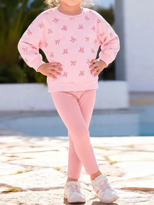 blush pink sweatshirt with bow-print and crew neck