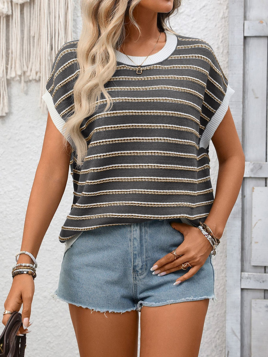 Gray striped short sleeve knit top with white trim and crew neck, styled with denim shorts.
