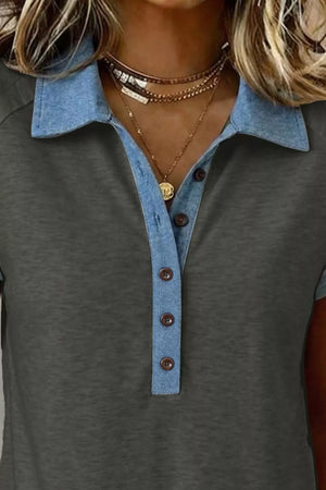 Dark gray cotton t-shirt with denim collar and button placket, short sleeves.