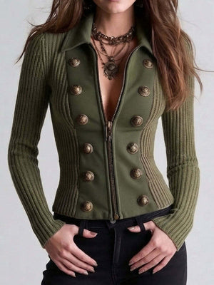 olive green cardigan with ribbed and collared