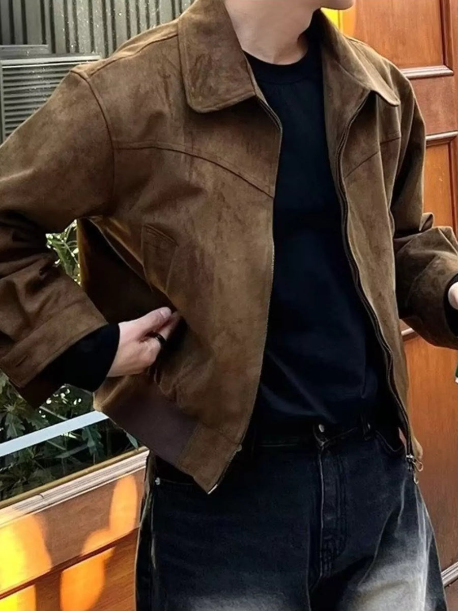 Brown suede zip-up casual jacket with a collar and elastic cuffs.