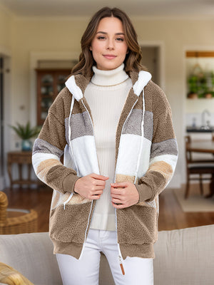 Teddy fleece zip-up hoodie with color block pattern and drawstring hood.