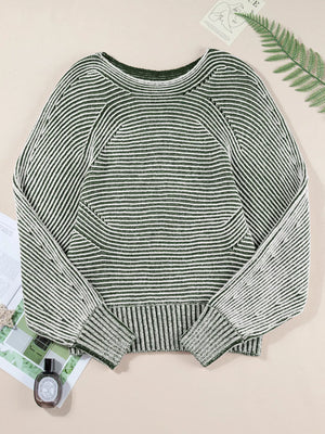 Relaxed ribbed knit sweater with boat neck and stripe pattern in green and white.