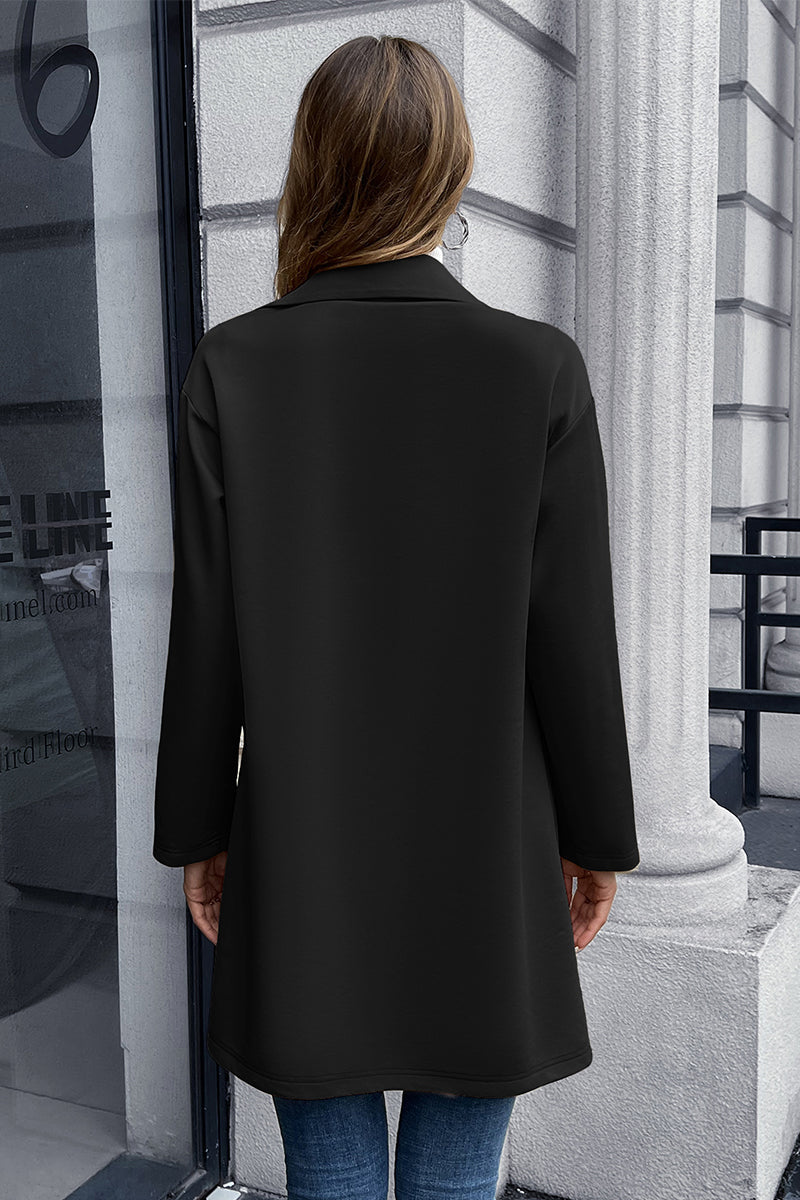 Black double-breasted soft-drape blazer coat with a relaxed fit and notched lapels.