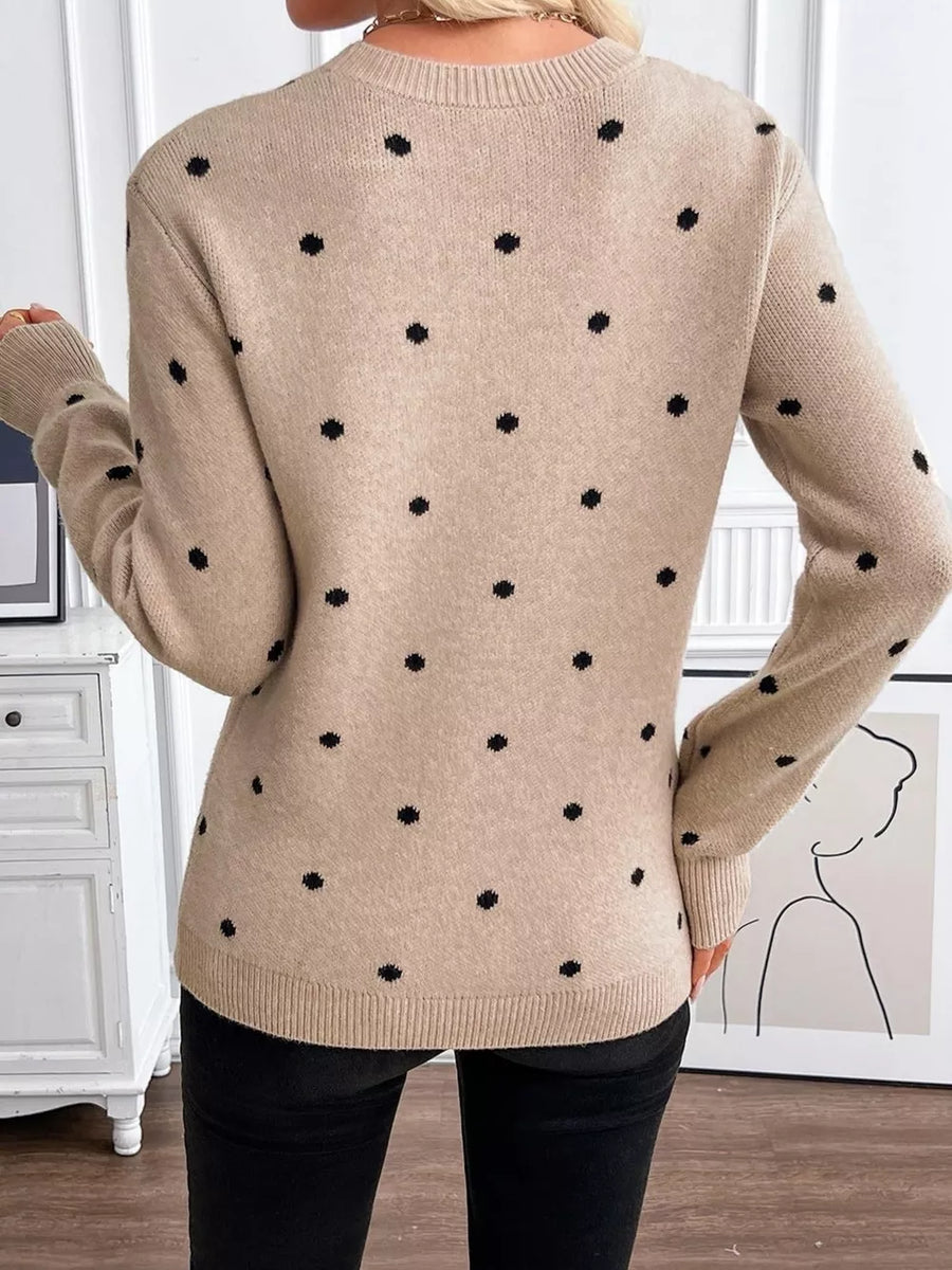pullover sweater in camel with polka dot and ribbed cuffs